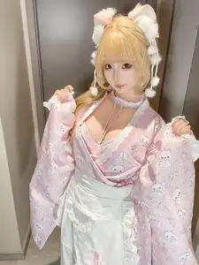 Captivating Coser Chunmomo: Pink Kimono Charm & Cute Cat Ears Part01-12