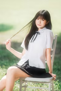 XVG No.42: Asian Girl's Serene Smile in School Uniform Amidst Lush Green Nature.-0