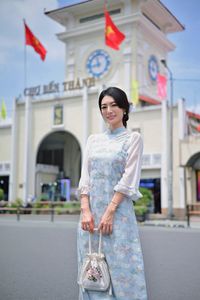 Radiant Vietnamese Beauty in Ao Dai with National Flag-1