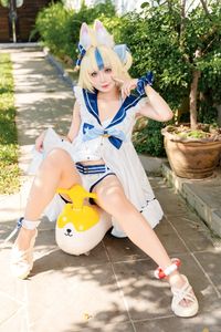 Coser@PoppaChan - Sameko Saba Cosplay: Adorable Sailor Outfit in a Lively Outdoor Setting-1