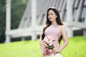 Pure Beauty of a Muse with Pink Lilies: A Peaceful Moment in Nature-4