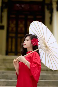 Graceful Vietnamese Beauty: Traditional Ao Dai Adorned with a Vibrant Red Flower-10