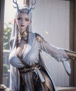 AI Generated Yong Sheng - Long Xuan: Captivating Silver-Haired Immortal with Elegant Deer Horns-4