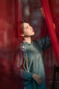 Classic Elegance: Vietnamese Tradition in Blue Silk and Pink Lilies-11