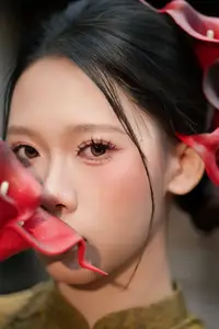 Graceful Vietnamese Ao Dai: Traditional Beauty Adorned with Red Calla Lilies-3