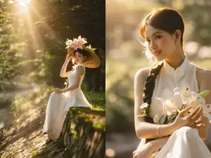 Serene Vietnamese Beauty in White Ao Dai with Lilies: A Golden Hour Portrait 1000025192-7