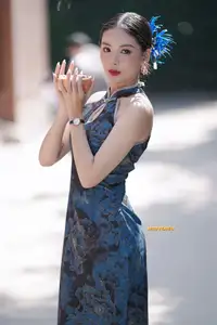 Captivating Asian Beauty: Elegant Woman in Blue Cheongsam with Traditional Fan-9