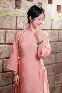 Graceful Asian Young Woman in Traditional Pink Attire: Timeless Beauty by an Ancient Wall-6