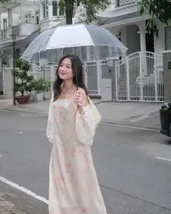 Girl in Floral Off-Shoulder Dress, Clear Umbrella: Fresh Summer Street Style-3