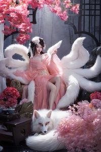 Mesmerizing Nine-Tailed Fox Cosplay: Ethereal Beauty in a Cherry Blossom Garden-2