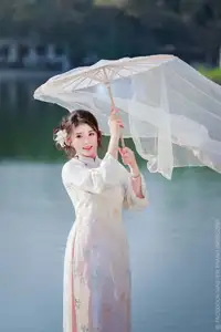 Enchanting East Asian Beauty: A Serene Muse in White Cheongsam under Soft Sunlight by the Lake.-5