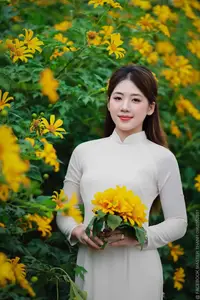 Radiant Youth: Vietnamese Girl in Elegant White Ao Dai Amidst Golden Blooms-11