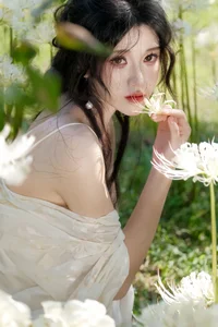 Ethereal Beauty in a White Flower Field: A Muse Under the Sun-1