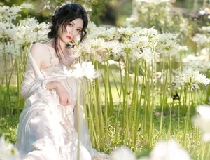 Ethereal Beauty in a White Flower Field: A Muse Under the Sun-8