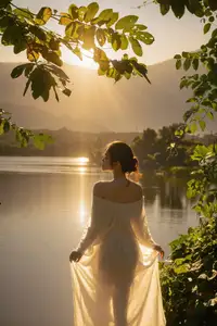 Golden Hour Serenity: Woman in White Dress Embracing Nature's Beauty by the Lake at Sunset.-8