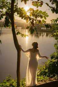 Golden Hour Serenity: Woman in White Dress Embracing Nature's Beauty by the Lake at Sunset.-3
