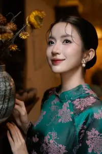 Elegant Asian Beauty: Serene Woman in Modernized Traditional Dress with Vintage Floral Vase-1