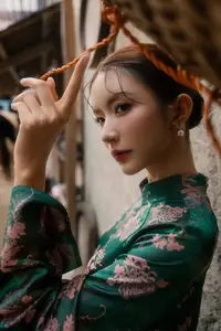 Elegant Asian Beauty: Serene Woman in Modernized Traditional Dress with Vintage Floral Vase-2