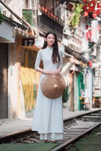 XVG No.52: Elegant Ao Dai Beauty in Hanoi Old Quarter Train Street Captivating Vietnamese Charm-4