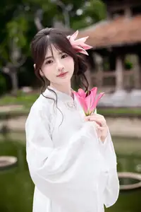 Elegant White Ao Dai with Pink Lotus Flower Embracing Cultural Heritage-0