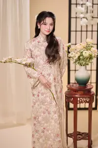 Graceful Vietnamese Woman Unveiled: Elegant Modern Ao Dai with Intricate Floral Patterns-7