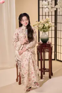 Graceful Vietnamese Woman Unveiled: Elegant Modern Ao Dai with Intricate Floral Patterns-6