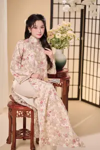 Graceful Vietnamese Woman Unveiled: Elegant Modern Ao Dai with Intricate Floral Patterns-8