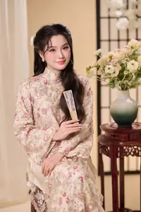 Graceful Vietnamese Woman Unveiled: Elegant Modern Ao Dai with Intricate Floral Patterns-5