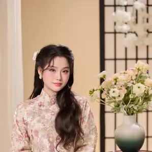 Graceful Vietnamese Woman Unveiled: Elegant Modern Ao Dai with Intricate Floral Patterns-13
