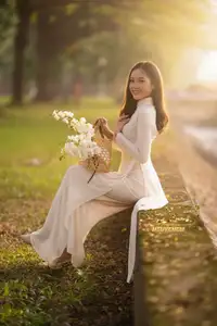 Serene Vietnamese Beauty in White Ao Dai Bathed in Golden Sunset Light-1
