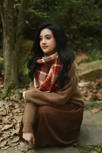 VGU No.185: Gentle Autumn Charm: A Girl's Radiant Smile in a Warm Plaid Scarf-0
