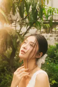 Dreamy Reflection: Girl in white dress finds gentle elegance in a garden mirror.-5