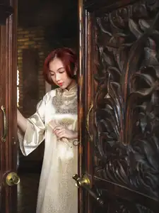 Vietnamese Ao Dai: Graceful Beauty of a Young Woman Amidst Ancient Architecture Under Warm Sunlight-3