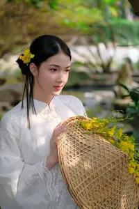 Vietnamese Beauty: Elegant Girl in White Ao Dai, Conical Hat with Yellow Flowers in Ancient Garden-3