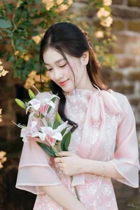 Poetic Beauty in Pink Ao Dai and White Lilies-2