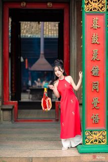 Vietnamese Cultural Beauty: Girl in Red Ao Dai & Traditional Lion Dance Prop-6