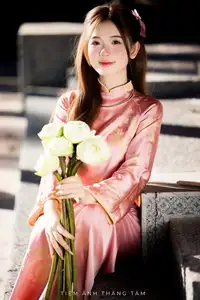 Captivating Serenity: Vietnamese Girl in Pink Ao Dai with Lotus Flowers1730591-19