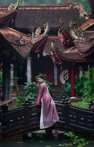 Graceful East Asian Beauty: Traditional Charm in a Lush Green Garden-19