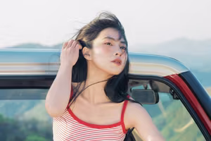 VGU No.128: Summer vibes: Young woman relaxed on a red car, captivating free spirit-3