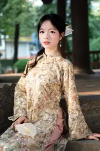 East Asian Traditional Beauty: Gentle Young Woman in Ao Dai with Elegant Wooden Fan-7