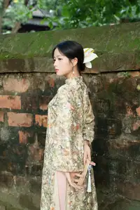 East Asian Traditional Beauty: Gentle Young Woman in Ao Dai with Elegant Wooden Fan-11