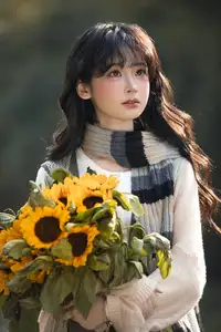 Youthful Beauty: A Gentle Girl Embracing Radiant Sunflowers-1