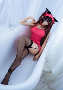 The Enchanting Charm of JiuQuJean as Neko Kurumi in Vibrant Red-0