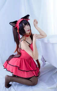 The Enchanting Charm of JiuQuJean as Neko Kurumi in Vibrant Red-5