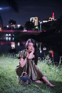 Enigmatic Beauty Under Full Moonlight: Woman in Elegant Silk Gown, A Dreamlike Night Moment.-3