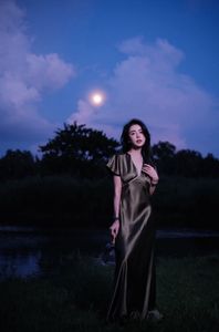 Enigmatic Beauty Under Full Moonlight: Woman in Elegant Silk Gown, A Dreamlike Night Moment.-4