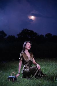 Enigmatic Beauty Under Full Moonlight: Woman in Elegant Silk Gown, A Dreamlike Night Moment.-7