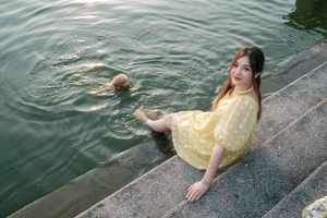 VGU No.135: Capturing Youthful Radiance: Girl in Yellow Dress Finds Serenity by the Lakeside.-11
