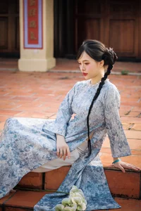 Timeless Grace in Blue Floral Ao Dai and Ancient Architecture-0