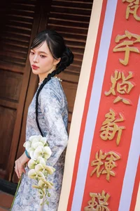 Timeless Grace in Blue Floral Ao Dai and Ancient Architecture-5